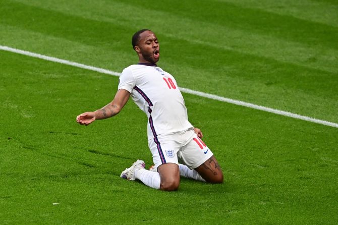 Raheem Sterling celebrates after scoring what turned out to be the match-winner for England against the Czech Republic.