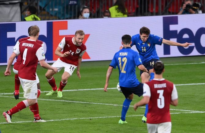 Federico Chiesa puts Italy ahead in extra-time during the Euro 2020 Round of 16 match against Austria, at Wembley stadium in London, on Saturday