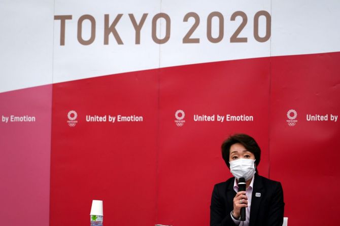Seiko Hashimoto, president of the Tokyo 2020 Organizing Committee, attends a news conference after the International Olympic Committee (IOC) general meeting in Tokyo on Thursday. 