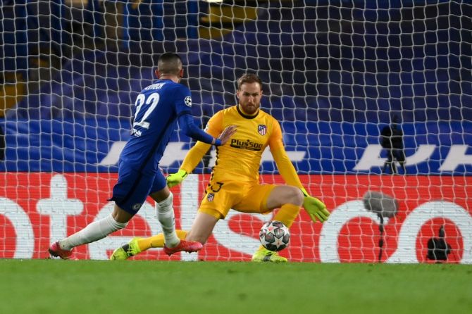 Hakim Ziyech puts Chelsea ahead during the UEFA Champions League Round of 16 match against Atletico Madrid