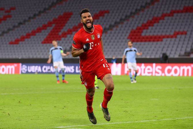 Eric Maxim Choupo-Moting celebrates after scoring FC Bayern Muenchen's second goal during the UEFA Champions League Round of 16 match against SS Lazio