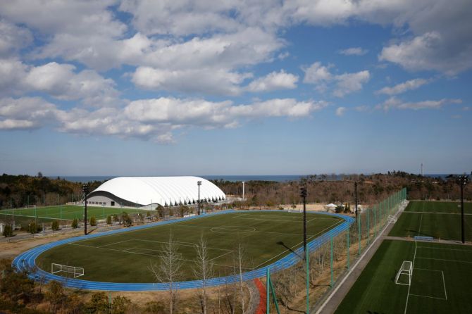 Soccer training facilities are pictured at the J-Village training center where torch relay of the Tokyo 2020 Olympic Games is set to begin in Naraha, Fukushima prefecture, Japan