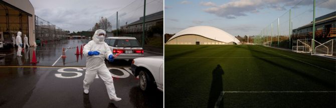 A combination picture shows J-Village served as an operation base for battling Japan's nuclear disaster in Fukushima November 11, 2011 and now being used as soccer training facility, in Naraha, Fukushima prefecture, Japan.