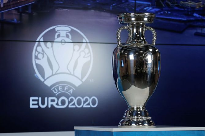 The UEFA Euro 2020 trophy is displayed marking 100 days before the start of the Euro 2020 soccer tournament in St. Petersburg, Russia, March 3, 2021