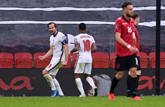 Harry Kane celebrates after scoring England's first goal against Albania