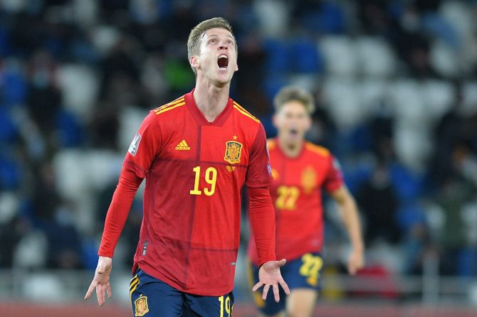 Dani Olmo celebrates after scoring Spain's second goal against Georgia.