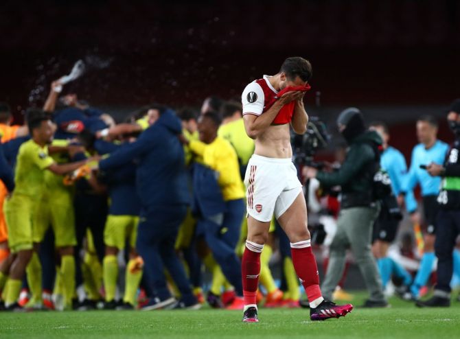 Arsenal's Pablo Mari looks dejected after the Europa League semi-final second leg  match against Villareal at Emirates Stadium, London, on Thursday