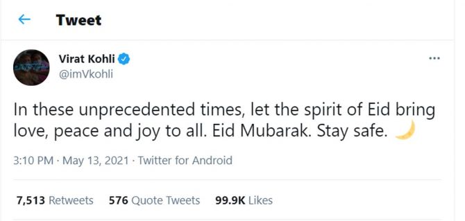 Virat Kohli's tweet for Eid