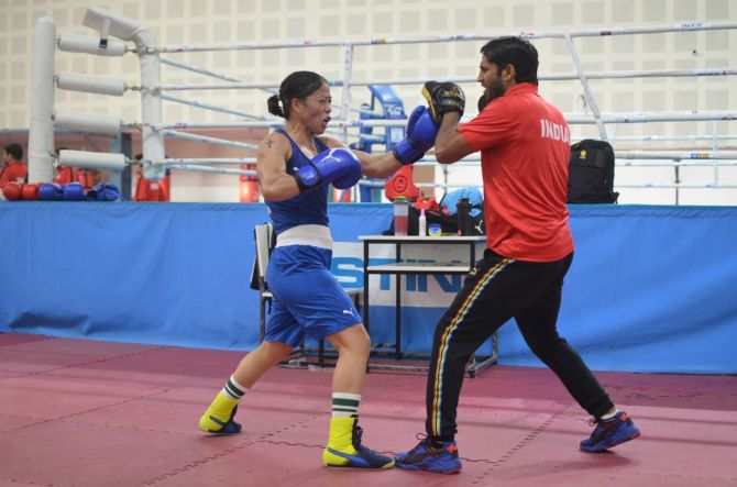MC Mary Kom, who has won five gold medals at the Asian Championships, at a training session