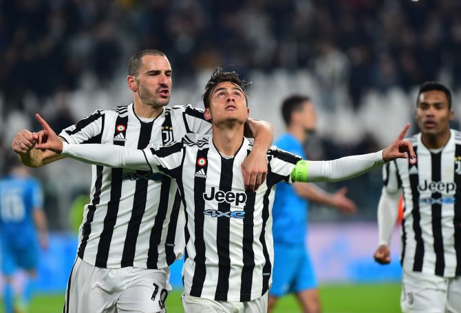 Paulo Dybala celebrates scoring Juventus's second goal with Leonardo Bonucci during the Champions League in the Group H against Zenit Saint Petersburg, at Allianz Stadium, in Turin, Italy, on Tuesday.