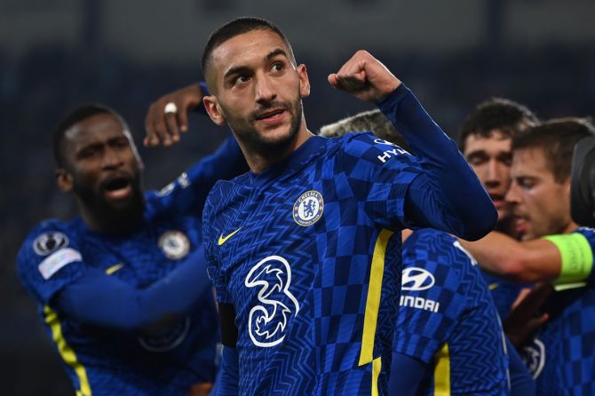 Hakim Ziyech celebrates scoring for Chelsea during the Champions League Group H match against Malmo FF, at Eleda Stadium in Malmo, Sweden, on Tuesday.