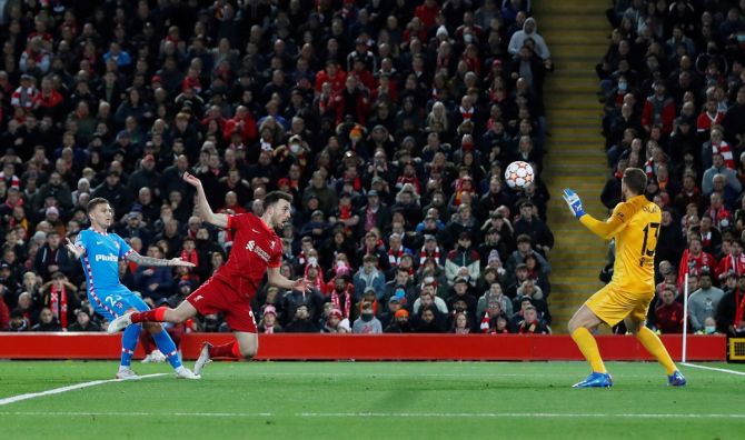 Diogo Jota scores Liverpool's first goal during the Champions League Group B match against Atletico Madrid, at Anfield, Liverpool, on Wednesday.