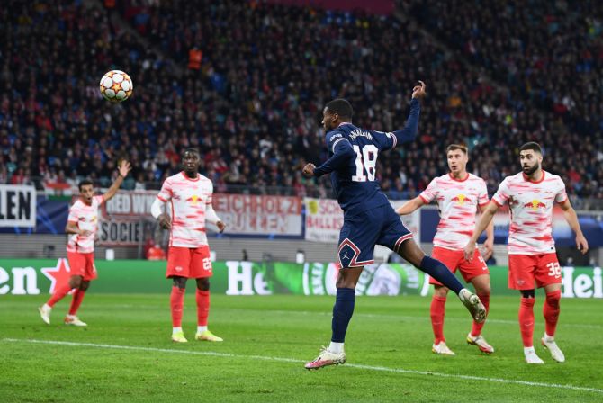 Georginio Wijnaldum scores Paris St Germain's second goal during the Champions League Group A match against RB Leipzig, at Red Bull Arena, in Leipzig, Germany.