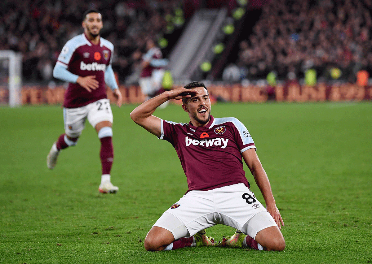 West Ham United's Pablo Fornals celebrates scoring their second goal against Liverpool at London Stadium, London.