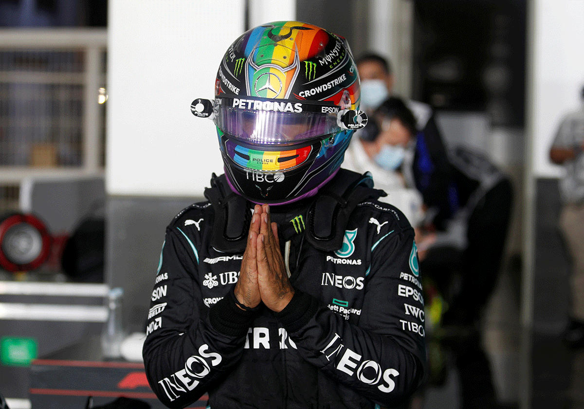 Mercedes' Lewis Hamilton reacts after finishing first place in qualifying at the Qatar F1 Grand Prix at Losail International Circuit, Lusail, Qatar on Saturday 