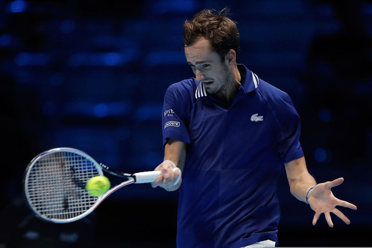 Russia's Daniil Medvedev in action during his semi-final match against Norway's Casper Ruud at the ATP Tour Finals at Pala Alpitour, Turin, Italy on Saturday 