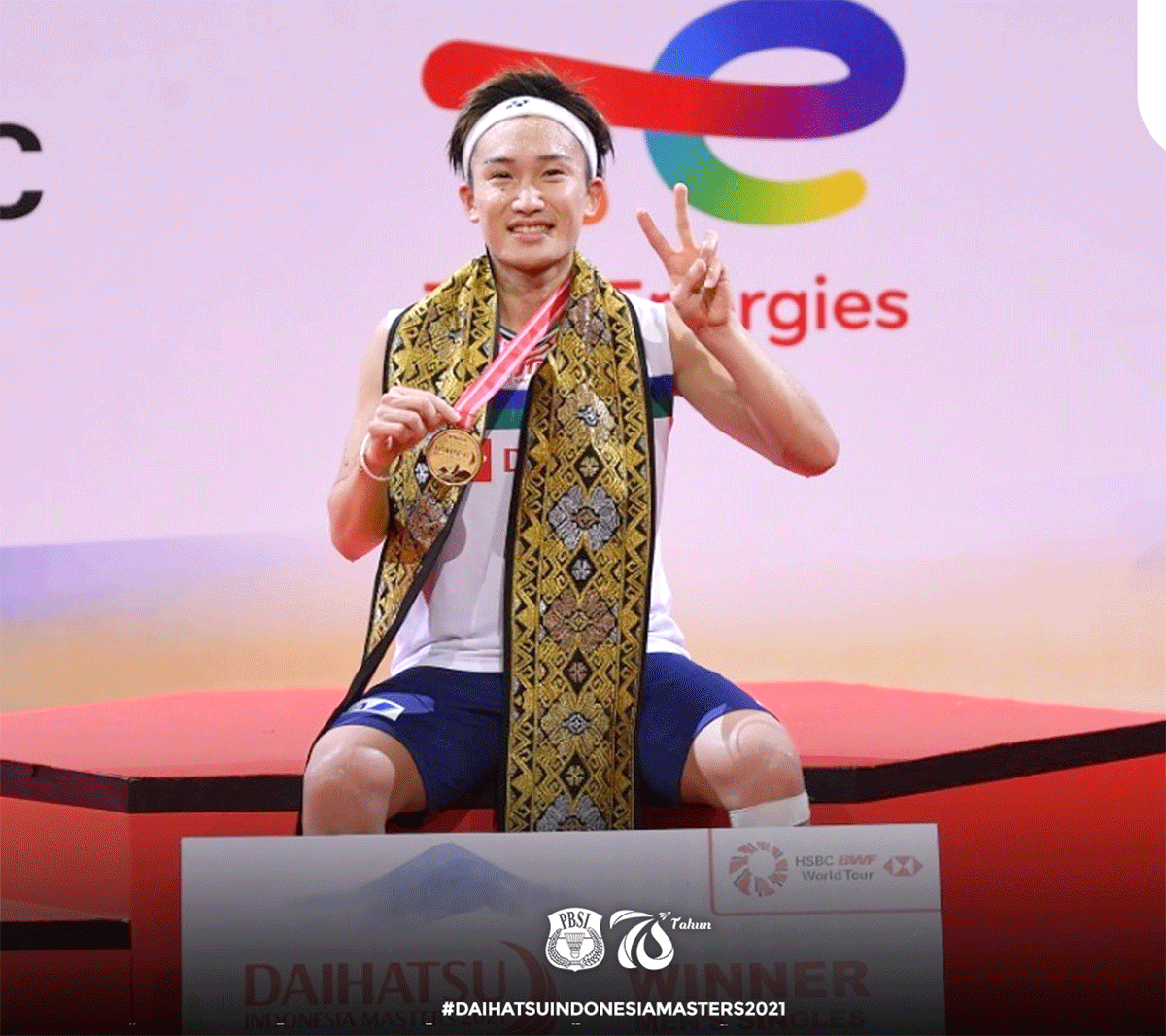 Kento Momota celebrates on winning the Indonesia Masters in Bali on Sunday