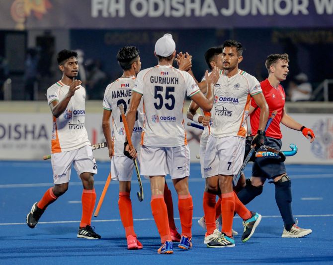 India's players celebrate a goal during the FIH men’s Junior Hockey World Cup against France, in Bhubaneswar, on Wednesday.