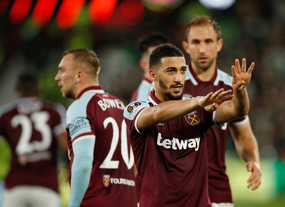West Ham United's Said Benrahma celebrates scoring their second goal against Rapid Vienna in their Europa League - Group H match at London Stadium, London.