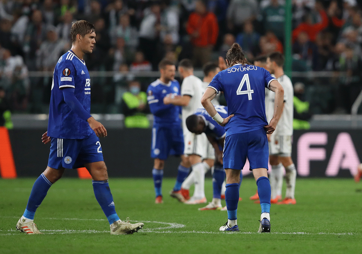 Leicester City's Jannik Vestergaard and Caglar Soyuncu look dejected after the match