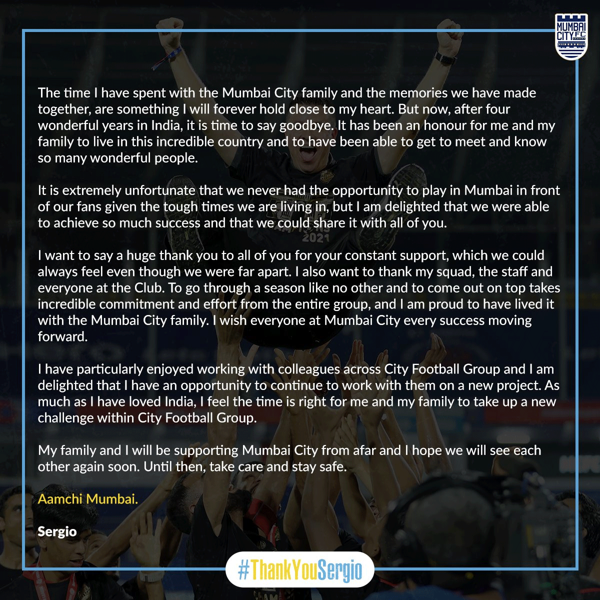 Sergio Lobera's letter to Mumbai FC fans