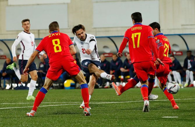 Jack Grealish scores England's fifth goal in the UEFA World Cup Group I qualifier against Andorra, at Estadi Nacional, Andorra la Vella, on Saturday.