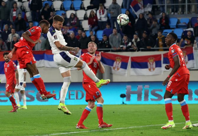 Luxembourg's Yvandro Borges Sanches in action with Serbia's Sergej Milinkovic-Savic. 