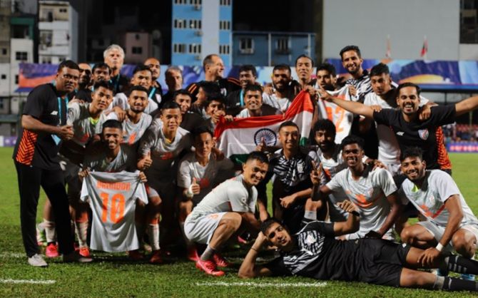 India’s players celebrate after defeating Nepal in the final of the SAFF Championship, in Male, on Saturday. 