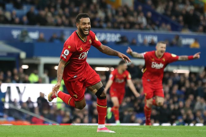Watford's Joshua King celebrates scoring during the Premier League match against Everton, at Goodison Park in Liverpool. 