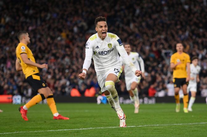 Rodrigo celebrates scoring the equalizing goal for Leeds United from the penalty spot against Wolverhampton Wanderers, at Elland Road in Leeds.