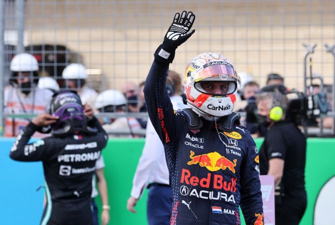 Red Bull's Max Verstappen celebrates after qualifying in pole position in the United States Grand Prix, at Circuit of the Americas, Austin, Texas, on Saturday.