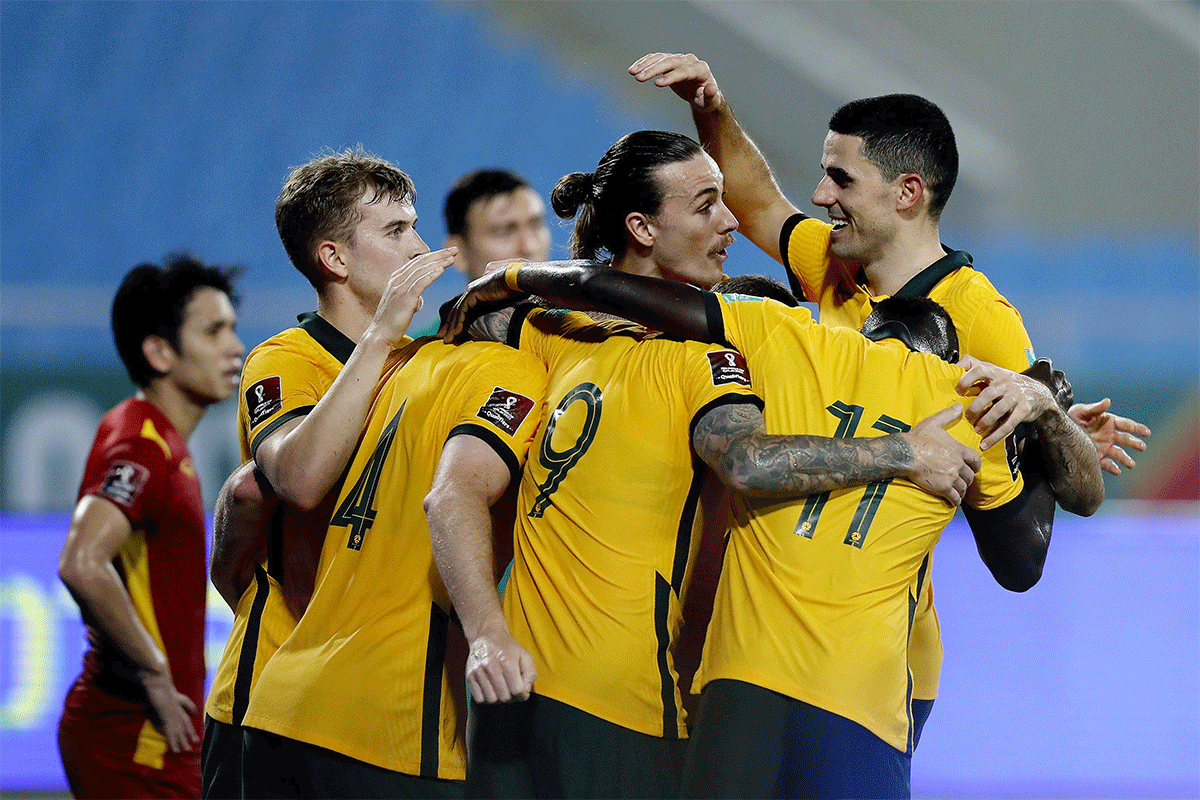 Australia players celebrate their victory over Vietnam in the World Cup qualifiers on Tuesday