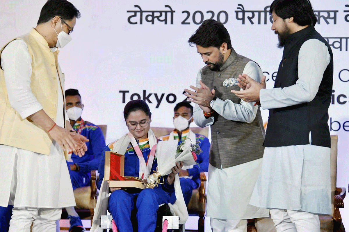 Avani Lekhara is felicitated by Sports Minister Anurag Thakur and former Sports Minister Kiren Rijiju on Wednesday