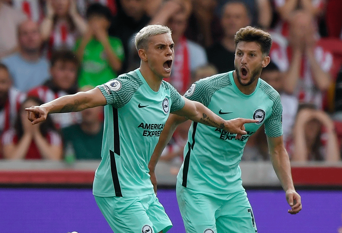 Brighton & Hove Albion's Leandro Trossard celebrates scoring against Brentford at Brentford Community Stadium in London,