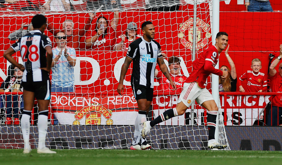 Manchester United's Cristiano Ronaldo celebrates on scoring opening goal against Newcastle at Old Trafford on Saturday 