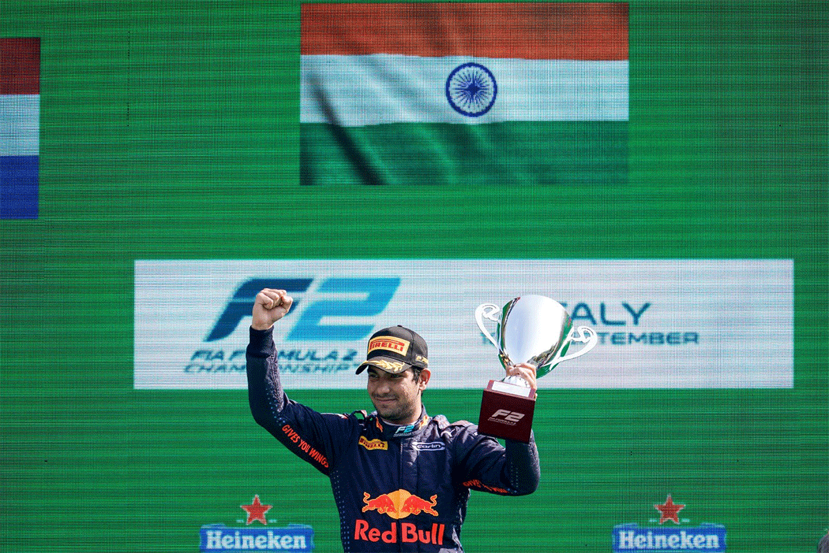 India's Jehan Daruwala of Red Bull celebrates on the podium on winning the F2 race in Monza on Saturday