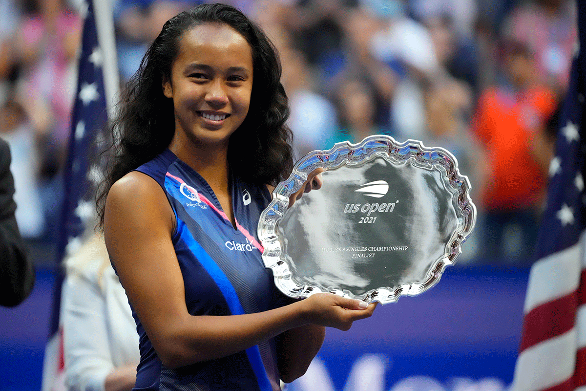 Canada's Leylah Fernandez with the finalist trophy after her US Open women's final against Great Britain's Emma Raducanu at USTA Billie Jean King National Tennis Center in New York on Saturday