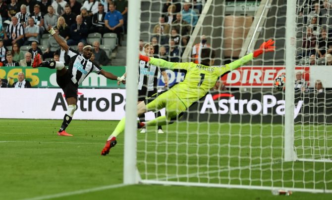 Newcastle United's Allan Saint-Maximin shoots at goal during Friday's Premier League match against Leeds United, at St James' Park, Newcastle. 