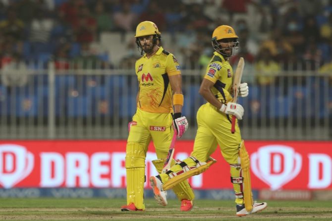 Chennai Super Kings batters Ruturaj Gaikwad and Faf du Plessis steal a quick single during Friday's IPL match against Royal Challengers Bangalore in Sharjah.