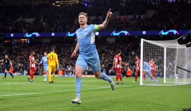 Kevin De Bruyne celebrates scoring for Manchester City during the Champions League quarter-final first leg against Atletico Madrid, at Etihad stadium, in Manchester.