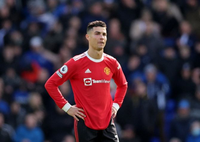 Cristiano Ronaldo wears a dejected look after Manchester United's defeat to Everton at Goodison Park, Liverpool, on Saturday.