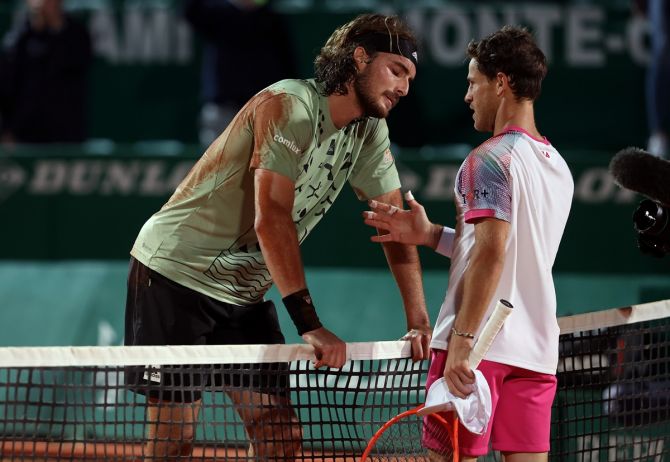 Greece's Stefanos Tsitsipas is congratulated by Argentina's Diego Schwartzman after his victory in the quarter-finals of the Monte-Carlo Masters, at Monte-Carlo Country Club in Monaco on Friday.