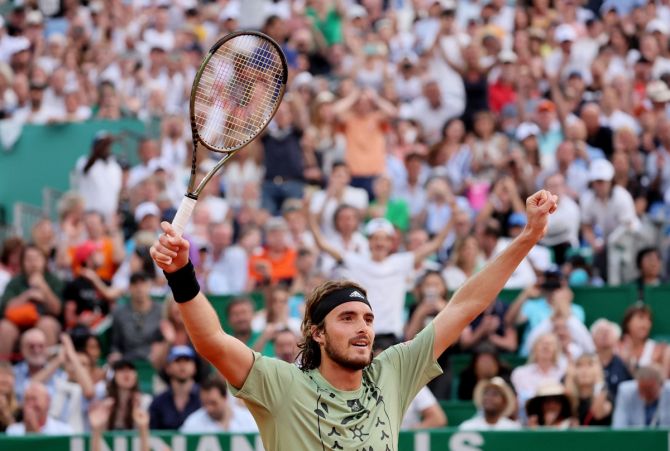 Greece's Stefanos Tsitsipas celebrates victory over Germany's Alexander Zverev in the semi-finals of the Monte Carlo Masters, at Monte-Carlo Country Club, on Saturday.
