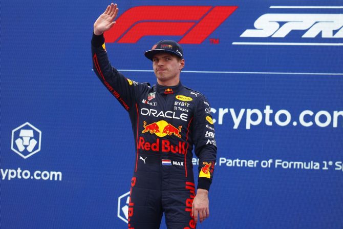 Red Bull's Max Verstappen celebrates winning the Formula One F1 Emilia Romagna Grand Prix, at Autodromo Enzo e Dino Ferrari, Imola, Italy, on Saturday.
