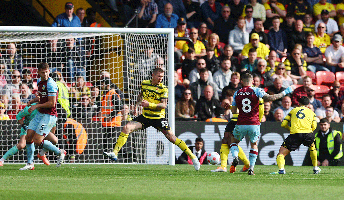 Burnley's Josh Brownhill scores their second goal against Watford at Vicarage Road, Watford, Britain