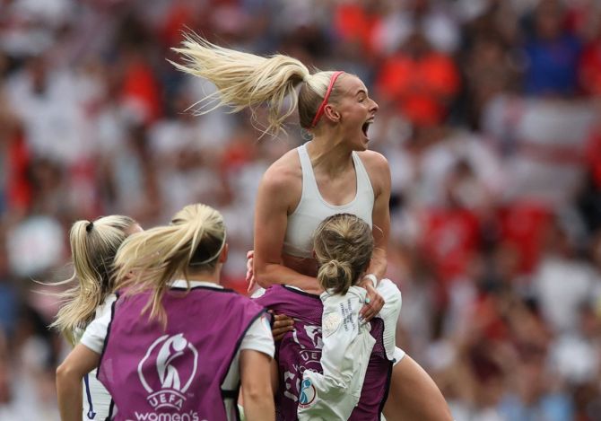 Chloe Kelly celebrates scoring the match-winner for England in extra-time in the women's Euro 2022 final against Germany at Wembley Stadium, London, on Sunday.