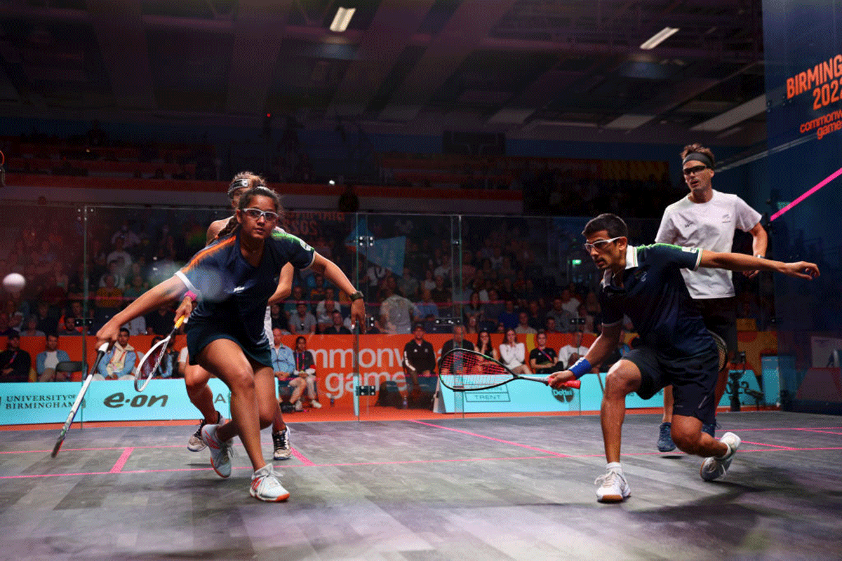 India's Dipika Pallikal Karthik and Saurav Ghosal compete with Joelle King and Paul Coll of Team New Zealand during their Squash Mixed Doubles Semi-Final on day nine of the Birmingham 2022 Commonwealth Games at University of Birmingham Hockey & Squash Centre in Birmingham on Saturday