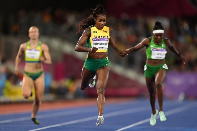 Jamaica's Elaine Thompson-Herah crosses the finish line to win the gold medal in the women's 200m final Saturday, on Day 9 of the Birmingham 2022 Commonwealth Games.