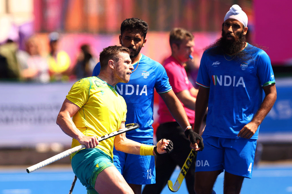 Australia's Tom Wickham celebrates after scoring their fourth goal against India during the Men's Hockey gold medal match on day eleven of the Birmingham 2022 Commonwealth Games at University of Birmingham Hockey & Squash Centre in Birmingham on Monday.