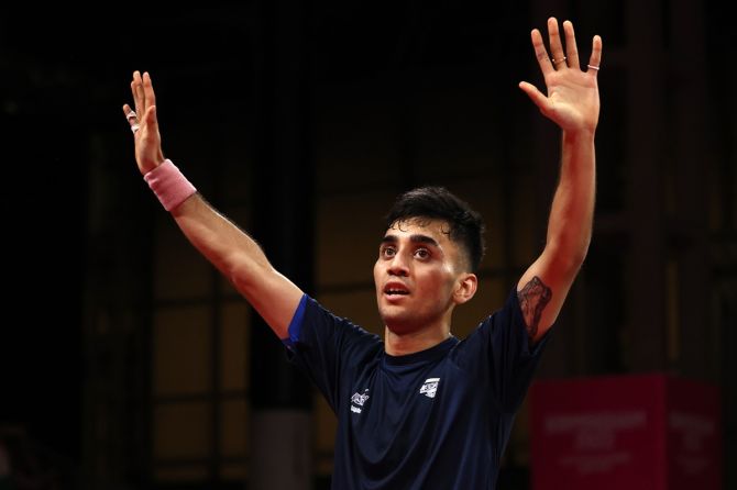 Lakshya Sen celebrates victory over Malaysia's Ng Tze Yong in the men's singles final.
